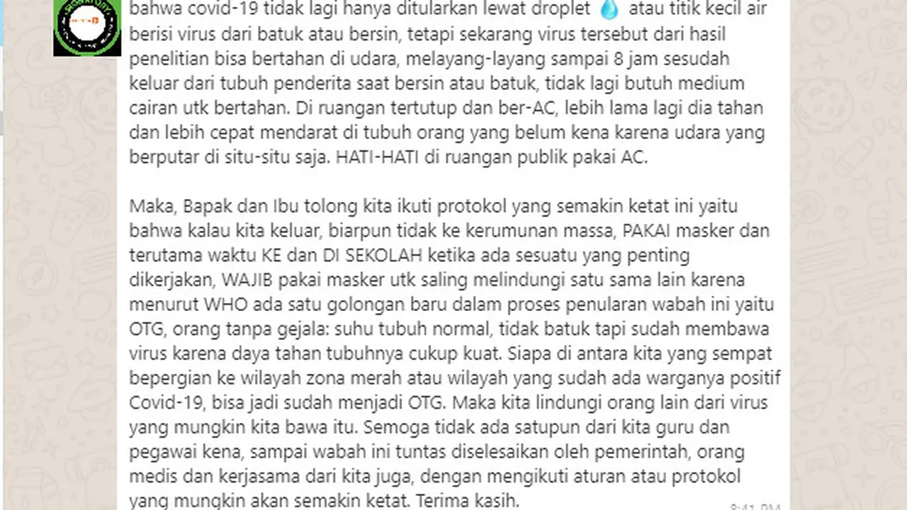 Klaim Penyataan WHO COVID-19 Menular Lewat Udara