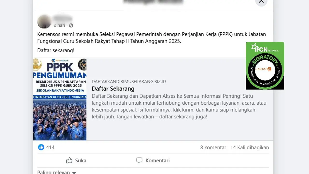 Tangkapan layar klaim link pendaftaran seleksi Guru Sekolah Rakyat Tahap II Tahun 2025 di Facebook.