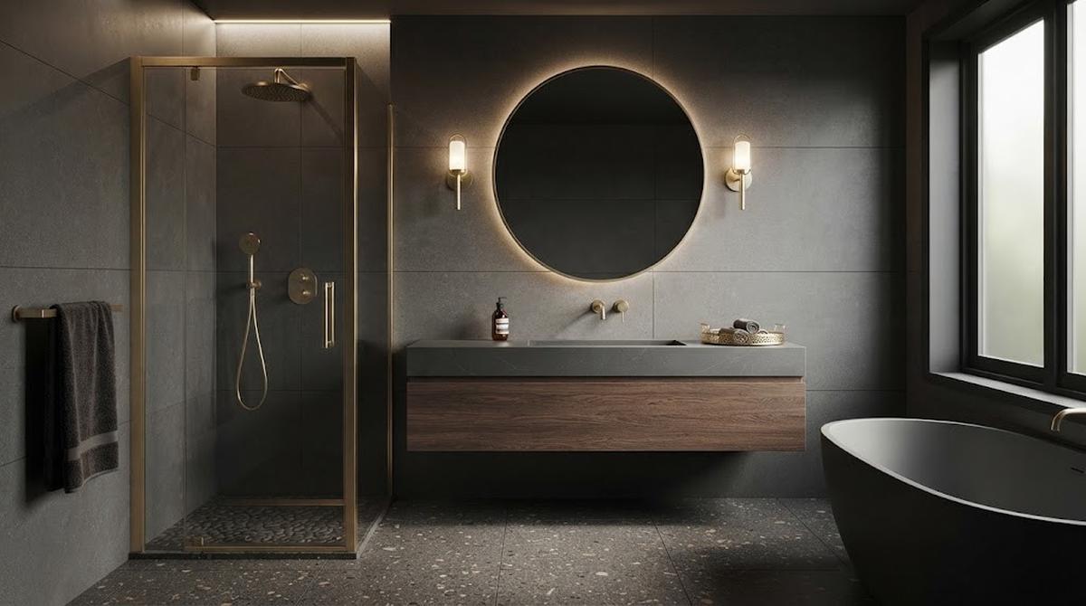 Kamar Mandi Warna Abu-abu Charcoal dan Emas