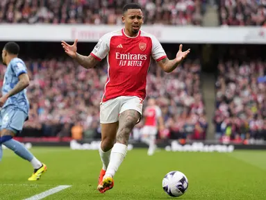 Penyerang Arsenal, Gabriel Jesus saat menghadapi Aston Villa pada pekan ke-32 Liga Inggris 2023/2024 di Emirates Stadium, Minggu (15/4/2024). (AP Photo/Kirsty Wigglesworth)
