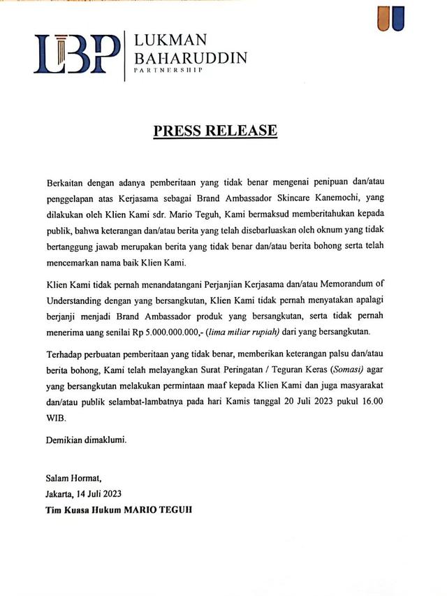 Klarifikasi pihak Mario Teguh soal dugaan penipuan dan penggelapan uang Rp 5 miliar. (Foto: Dok. Instagram @marioteguh)