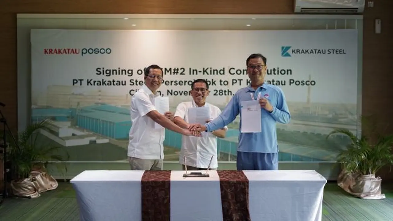 PT Krakatau Steel (Persero) Tbk (KRAS) menambah kepemilikan saham di PT Krakatau Posci yang ditandai dengan penandatanganan akta inbreng pada Senin, 28 November 2022 (Foto: Krakatau Steel)