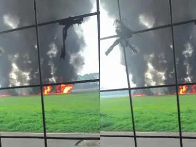 Pesawat tempur F-16 milik TNI AU gagal take off di Lanud Halim Perdanakusuma Jakarta, Kamis (16/4/2015). Insiden ini mengakibatkan pesawat dengan nomor ekor TS-1643 tersebut terbakar. (twitter.com/eldayato)