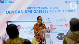 Dirut PT Bank Tabungan Negara (Persero) Tbk Haru Koesmahargyo saat memberikan sambutan di Jakarta, Rabu (28/4/2021). Bank BTN akan terus menggandeng pengembang-pengembang lainnya baik subsidi maupun non-subsidi dalam rangka mendukung Gerakan 1 Juta Kompor Induksi. (Liputan6.com/Pool/BTN)