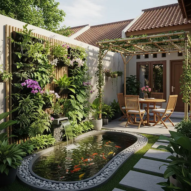 Desain Belakang Rumah Minimalis yang Cocok untuk Kolam Ikan Kecil dan Sudut Santai Keluarga