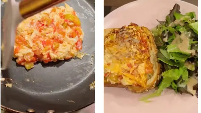 Telur plus tomat ditemani sourdough toast dan salad jadi menu diet andalan Prilly Latuconsina. (Foto: Tiktok Prilly Latuconsina)