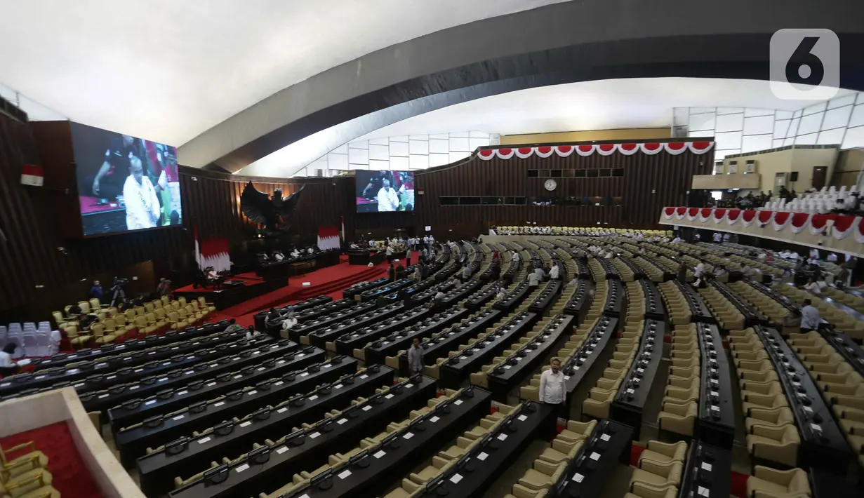 Suasana gladi kotor persiapan pidato kenegaraan Presiden dalam Sidang Tahunan MPR, DPR, dan DPD RI di Gedung Kura-Gura, Nusantara, Kompleks Parlemen, Senayan, Jakarta, Senin (14/8/2023). (Liputan6.com/Faizal Fanani)