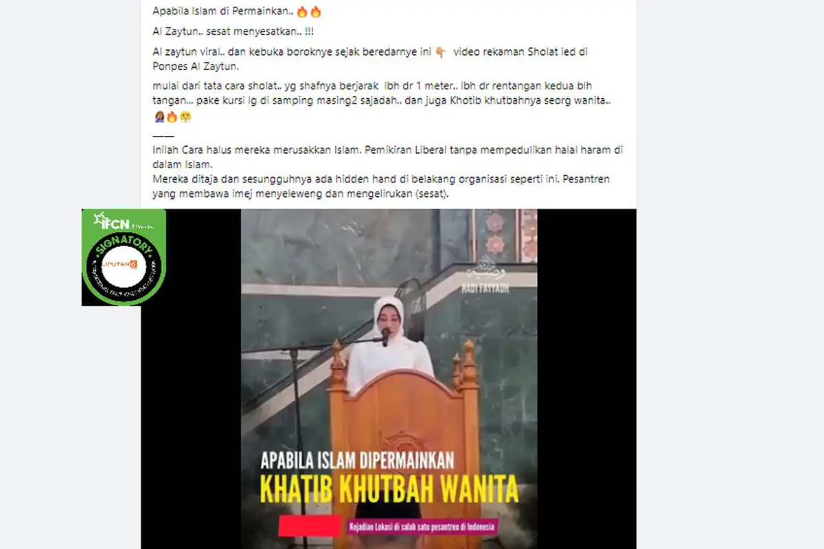 Tangkapan layar klaim video perempuan khutbah salat Id di Pondok Pesantren Al Zaytun