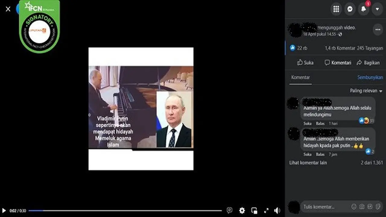 Gambar Tangkapan Layar Video yang Diklaim Presiden Rusia Vladimir Putin Main Piano Bawakan Lagu Aisyah Istri Rasulullah (sumber: Facebook).