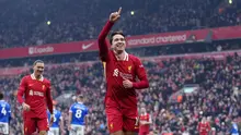 Pemain Liverpool, Federico Chiesa melakukan selebrasi setelah mencetak gol ke gawang Accrington Stanley pada laga lanjutan Piala FA 2024/2025 yang berlangsung di Anfield, Liverpool, Inggris, Sabtu (11/01/2025). (AP Photo/PA/Peter Byrne)