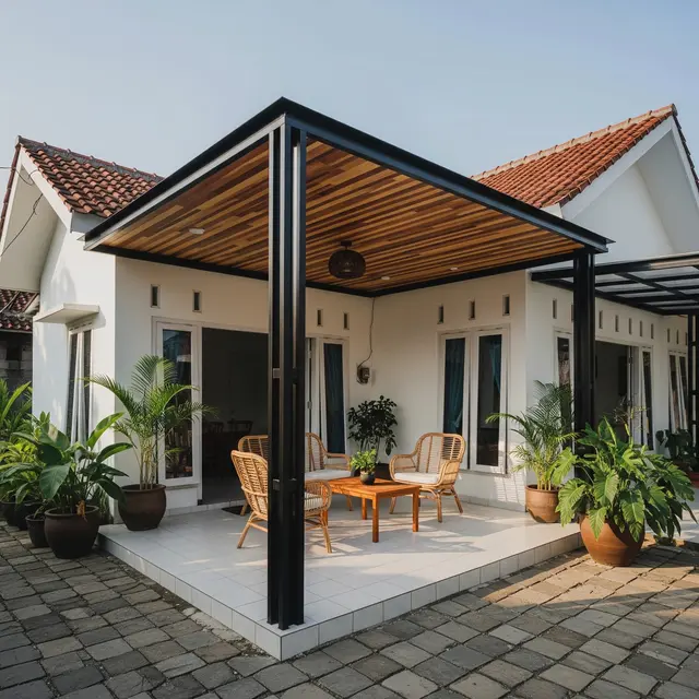 Kanopi Perpaduan Besi Hollow dan Woodplank (Gemini AI)