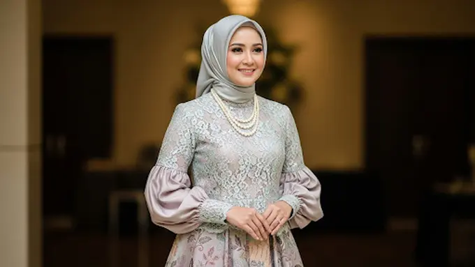 Long Dress Brokat Pastel dengan Batik Kawung