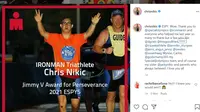 ESPN menyatakan akan menganugerahi Chris Nikic dengan Jimmy V Award for Perseverance atau kategori ketekunan. Foto instagram @chrisnikic