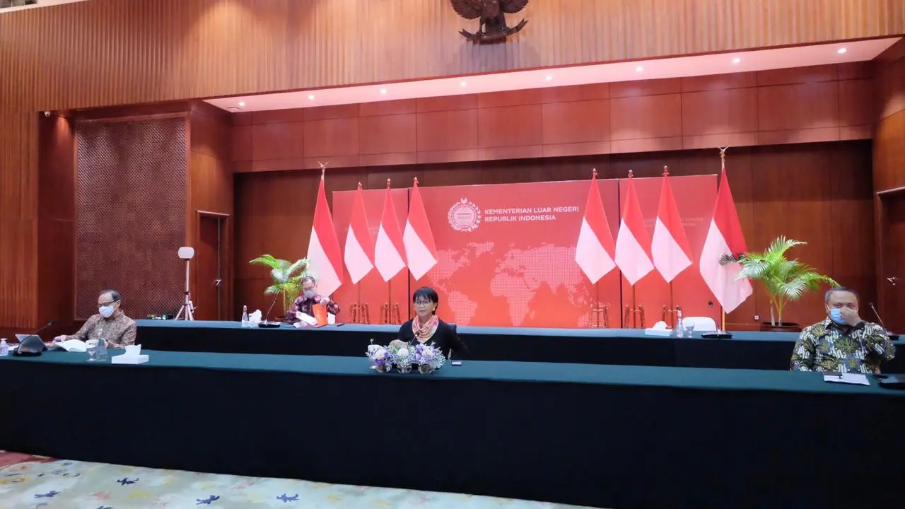 Kementerian Luar Negeri RI saat menggelar press briefing secara virtual pada Kamis (23/7/2020), yang membahas keterlibatan Indonesia dalam menjadi presiden DK PBB pada Agustus mendatang. (Photo credit: Kementerian Luar Negeri RI)
