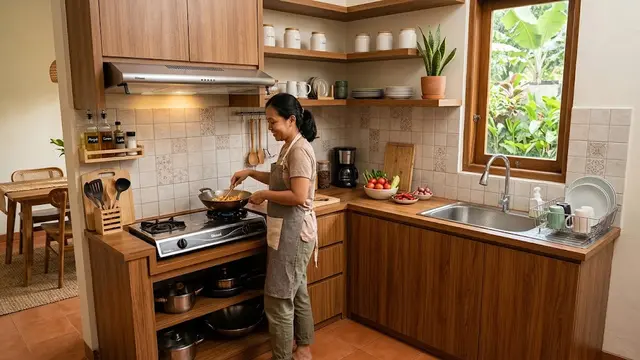 Inspirasi desain dapur yang rapi dan nyaman sehingga bikin masak jadi satset model L yang memanfaatkan sudut