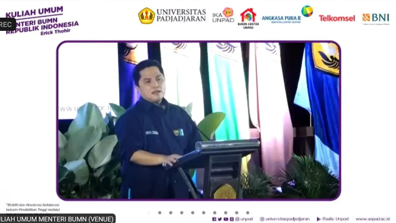Menteri BUMN Erick Thohir membeberkan lima tantangan bagi pertumbuhan ekonomi Indonesia dalam Kuliah Umum di Universitas Padjadjaran, Sabtu (23/4/2022).