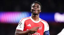 Pemain Arsenal, Bukayo Saka, melakukan selebrasi setelah mencetak gol ke gawang Atletico Madrid pada laga leg kedua semifinal Liga Champions di Stadion Emirates, Rabu (6/5/2026). (John Walton/PA via AP)