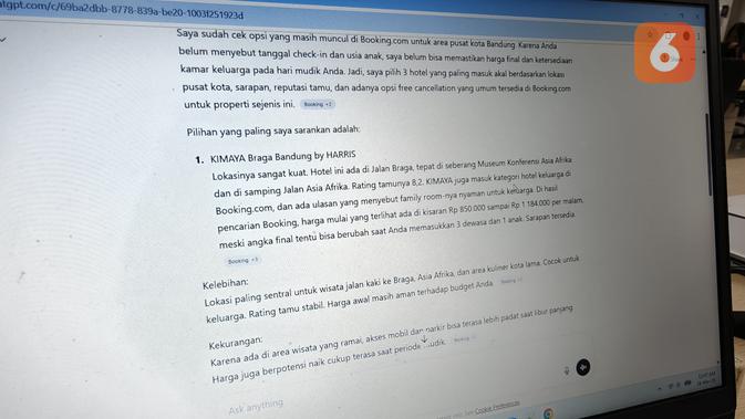 Pakai ChatGPT untuk perjalanan mudik. (Liputan6.com/ Yuslianson)