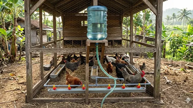 Kandang Ayam dengan Sistem Minum Otomatis (Foto: Gemini AI)