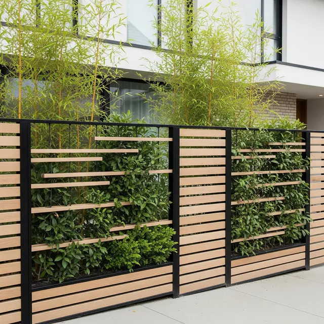 Model Pagar Rumah Modern Tanpa Motif Ramai dengan Sentuhan Kayu Natural (Image by Gemini AI)
