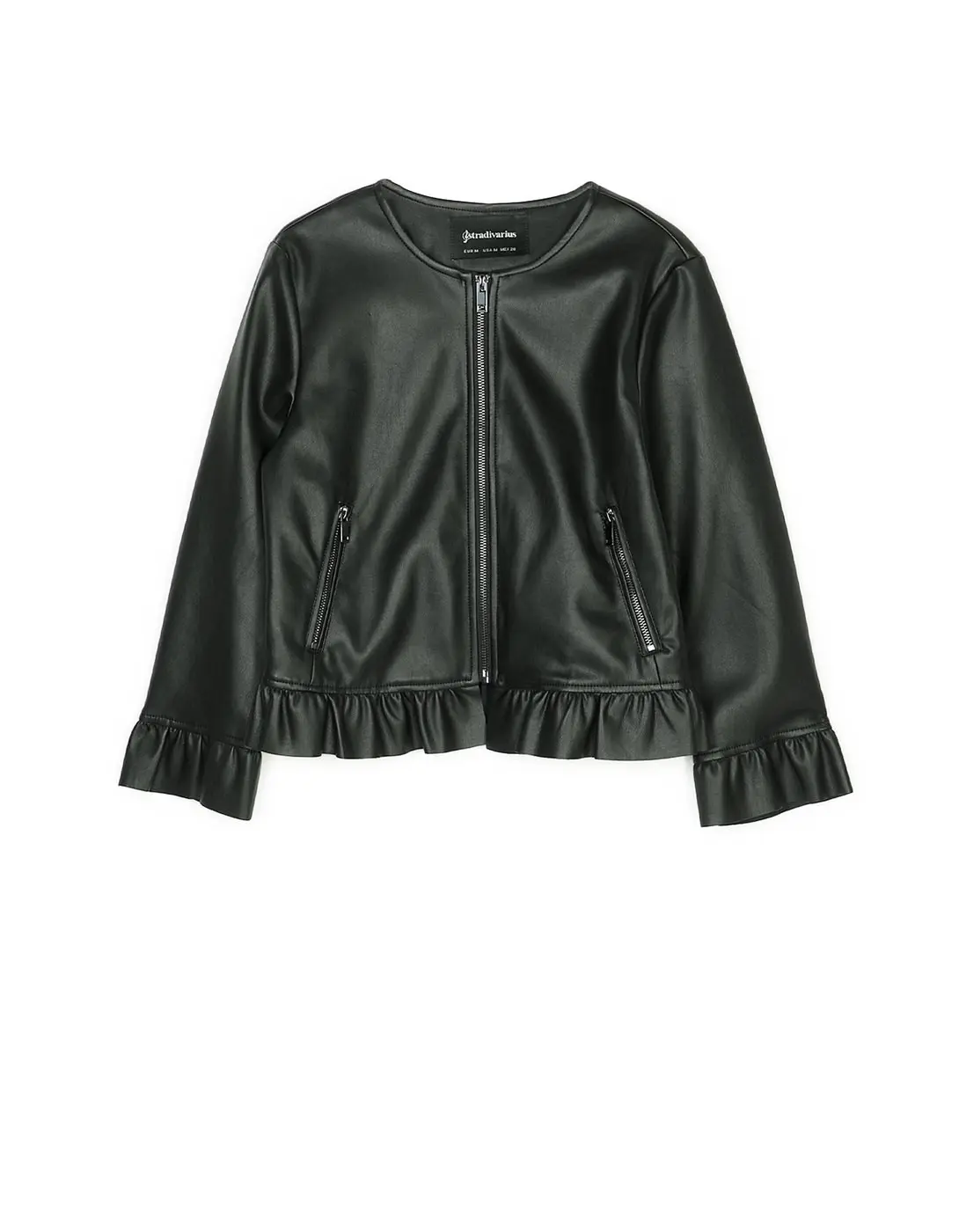 Faux leather jacket with ruffles. (stradivarius.com)