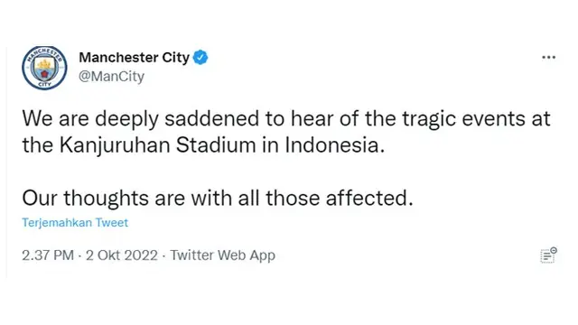 10 Ucapan Duka dari Klub Bola Ternama, Tragedi Kanjuruhan Jadi Perhatian Dunia