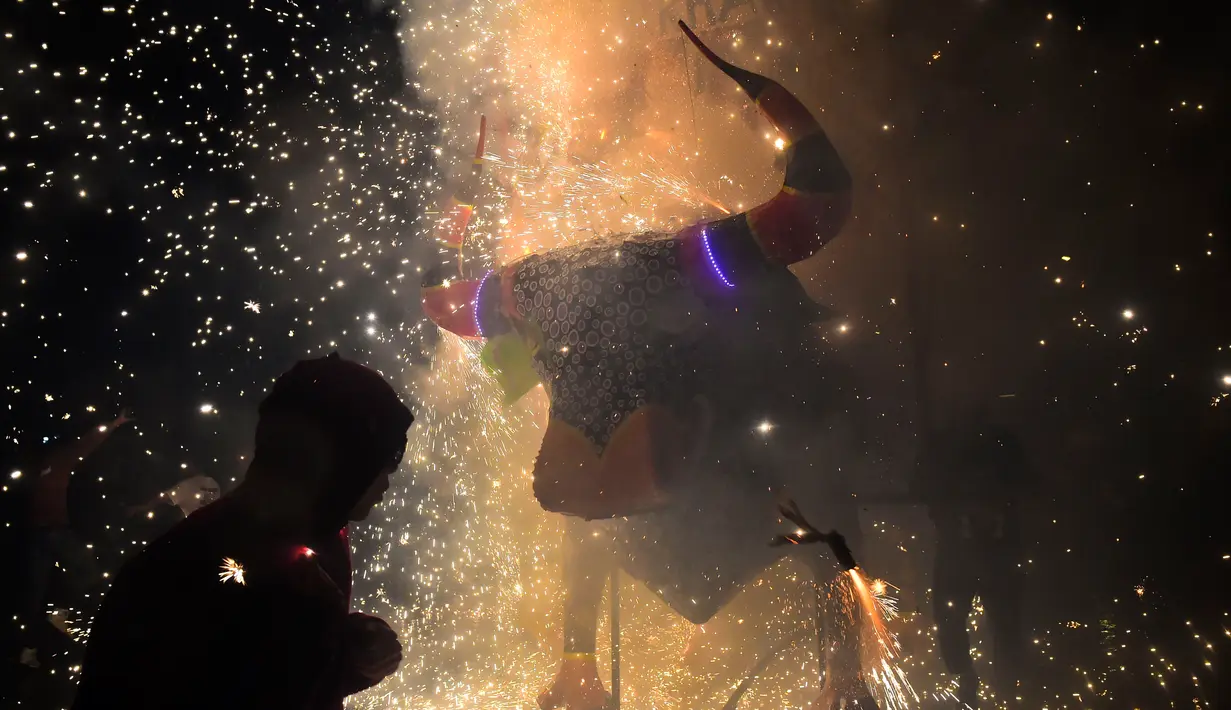 Pengunjung menikmati kembang api dari banteng "Torito" dalam perayaan tradisional tahunan San Juan de Dios di Tultepec, Meksiko (8/3). (AFP Photo / Ronaldo Schemidt)