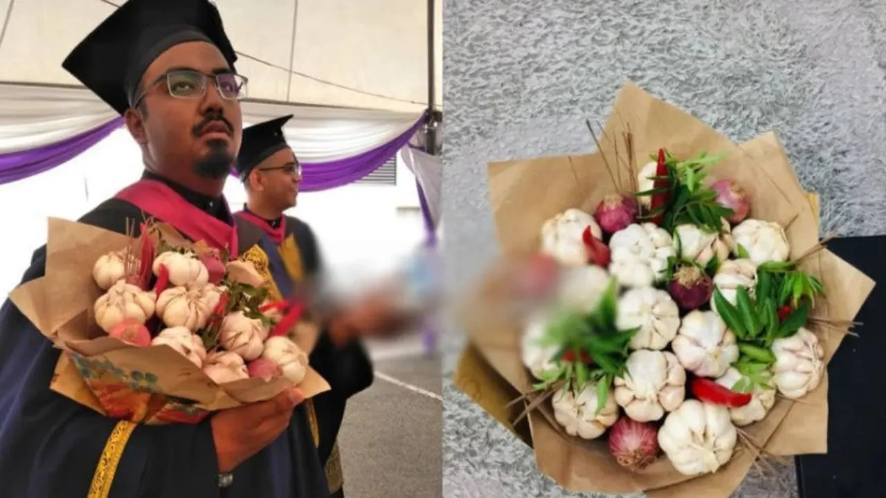 Buket bawang putih sebagai hadiah wisuda.