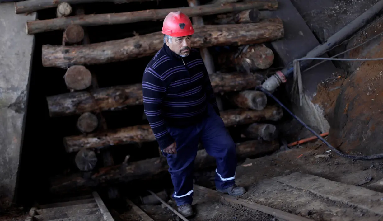 Seorang penambang batubara berdiri didepan pintu akses yang diblokir selama protes menuntut pemerintah untuk menyediakan dana untuk membuka kembali tambang batubara Santa Ana, di kota Curanilahue, Chile, (26/12). (Reuters/Juan Gonzalez Galaz)