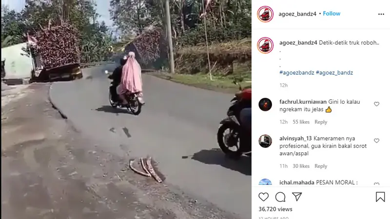 Dilansir akun Instagram @agoez_bandz4, Minggu (6/9/2020), terlihat sebuah truk mengalami kecelakaan karena beban yang dibawa terlalu berat.