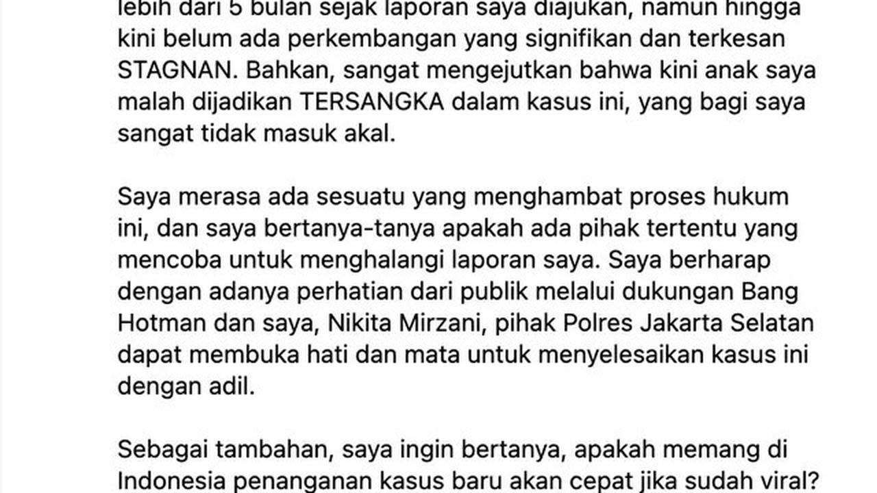 Nikita Mirzani Tulis Surat Terbuka ke Kapolres Jaksel: Mengejutkan, Kini Anak Saya Malah Jadi Tersangka