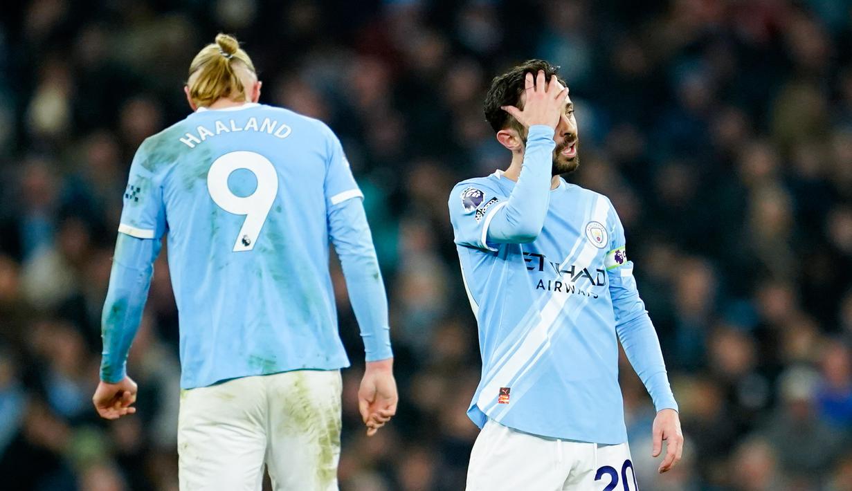 Pemain Manchester City, Bernardo Silva, tampak kecewa setelah gagal meraih kemenangan saat menjamu Nottingham Forest pada laga Liga Inggris di Etihad Stadium pada Kamis (5/3/2026). (AP Photo/Dave Thompson)
