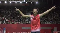 Ekspresi Deva Anrimusthi atlet bulutangkis Indonesia di Asian Paragames 2018  di Istora Senayan, Minggu (7/10/2018).  (Bola.com/Peksi Cahyo)