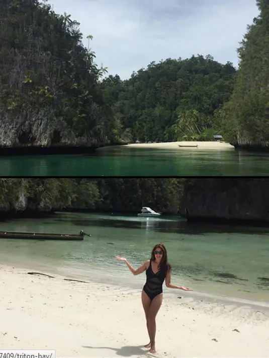 "Indahnya Teluk Triton, Kaimana," tulis tamarableszynskiofficial dalam akun Instagram. Foto dengan baju renang one piece di Teluk Triton yang memperlihatkan lekuk tubuhnya itu mendapat banyak pujian. (Instagram/tamarableszynskiofficial)