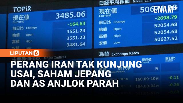Indeks Nikkei 225 Jepang anjlok lebih dari 5 persen di tengah ketidakpastian global akibat konflik Iran. Tekanan juga terjadi di Wall Street, dengan S&P 500, Dow Jones, dan Nasdaq kompak melemah, menandai pekan terburuk sejak perang Iran dimulai.