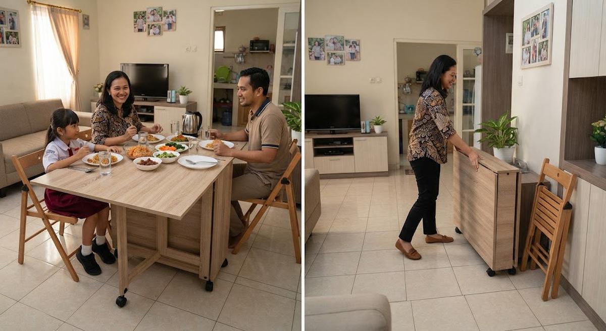 Ide meja makan lipat untuk rumah dengan ruang terbatas yang praktis untuk rumah KPR maupun subsidi model beroda yang bisa dipindah