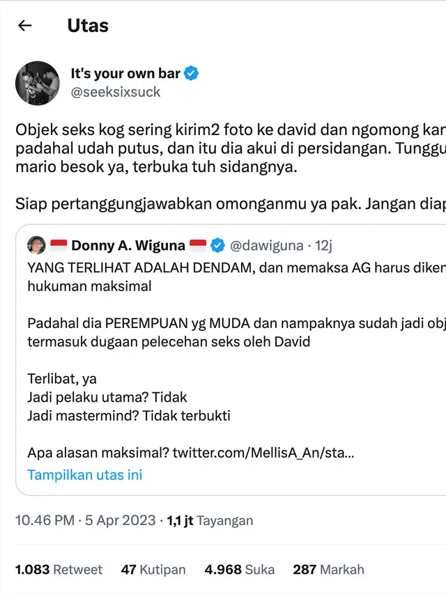 Cuitan Jonathan Latumahina soal AG sering kirim foto ke David Ozora. (Foto: Dok. Twitter @seeksixsuck)