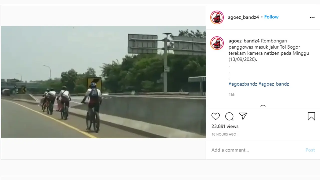 Dari video yang dibagikan akun Instagram @agoez_bandz4, terlihat beberapa sepeda nekat berkendara di jalan tol.
