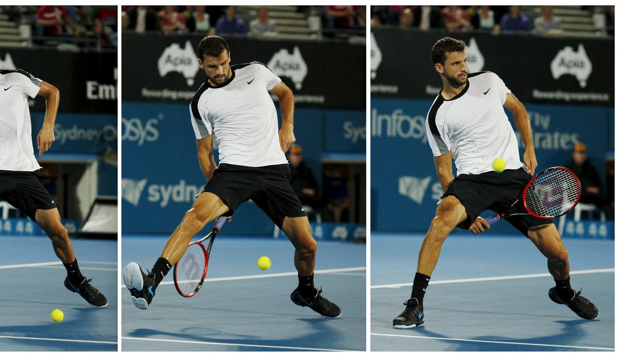 Kombinasi foto menunjukkan saat petenis Bulgaria, Grigor Dimitrov, memukul bola dari sela kakinya saat melawan petenis Serbia, Viktor Troicki, dalam final turnamen tenis Sydney International di Sydney, Australia, (16/1/2016). (Reuters/Jason Reed)