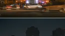 Foto kombinasi menunjukkan pemandangan umum peringatan perang Gerbang India yang diterangi sebelum (atas) dan setelah lampu dimatikan (bawah) selama Earth Hour di New Delhi (27/3/2021). (AFP/Prakash Singh)