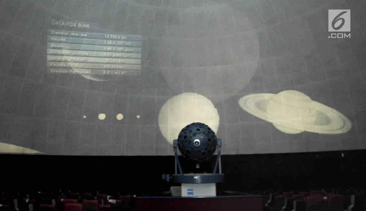 Star ball memproyeksikan pergerakan galaksi di ruang pertunjukan Planetarium Jakarta, Rabu (24/7/2019). Pertunjukan Planetarium dan Observatorium Jakarta terancam tutup akibat perusahaan teknologi Carl Zeiss tidak lagi menjual suku cadang utama, dimmer dan star ball. (merdeka.com/Iqbal Nugroho)