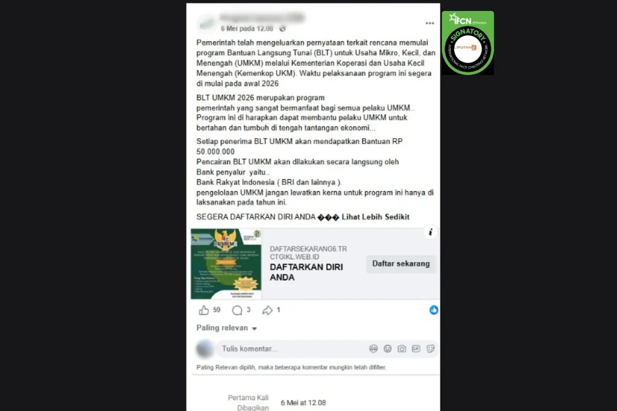 Cek Fakta Liputan6.com mendapati klaim link pendaftaran BLT UMKM sebesar Rp 50.000.000.