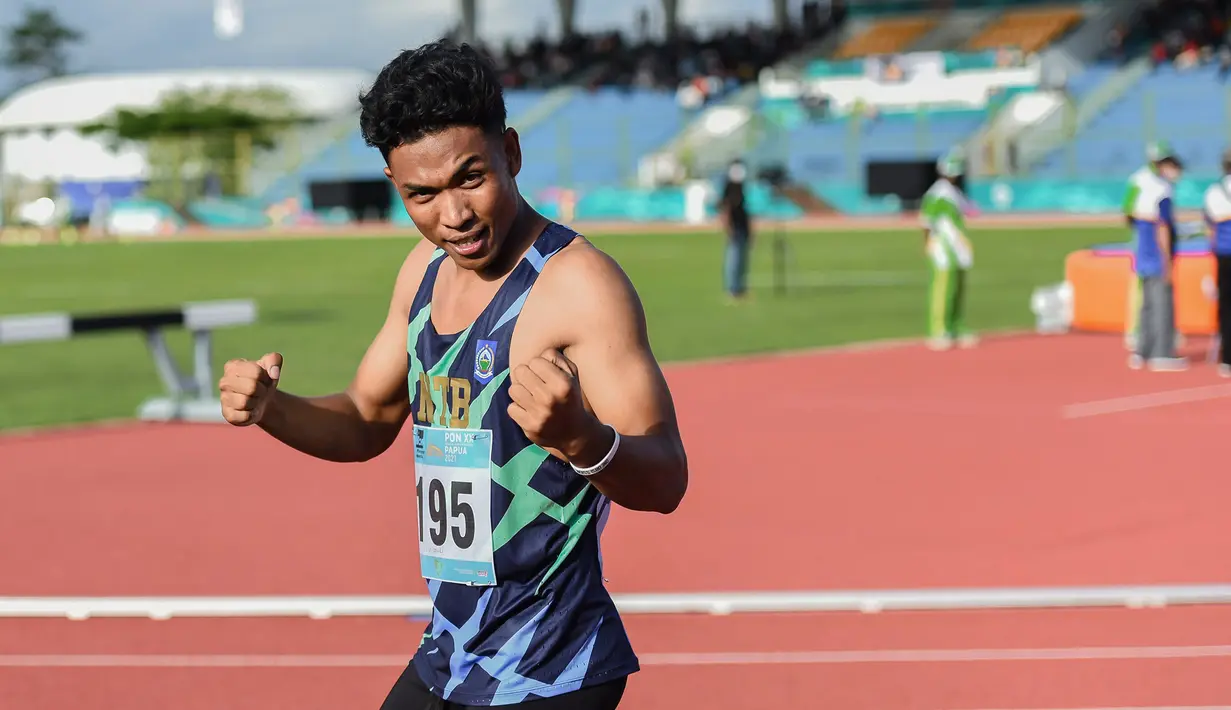 Sprinter Nusa Tenggara Barat Lalu Mohammad Zohri (195) seusai mengikuti final lari 100 meter putri PON XX Papua di Stadion Atletik, Mimika SPort Complex, Rabu (6/10/2021). (Foto: PB PON XX PAPUA 2021/Rommy Pujianto)