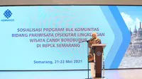 Menteri Ketenagakerjaan Ida Fauziyah dalam acara Sosialisasi Program BLK Komunitas Bidang Pariwisata di sekitar Lingkungan wisata Candi Borobudur, di Semarang