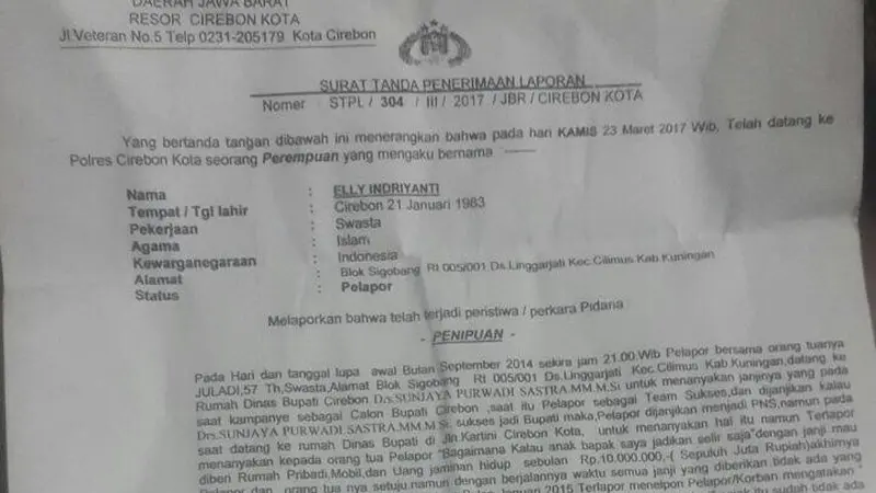 Laporan Kasus Dugaan Penipuan Nikah Siri Bupati Cirebon