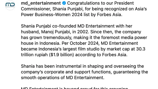 Pernyataan resmi MD Entertainment terkait prestasi Shania Punjabi. (Foto: Dok. Instagram @md_entertainment)