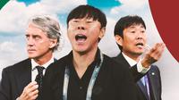 Ilustrasi - Roberto Mancini, Shin Tae-yong, Hajime Moriyasu (Bola.com/Adreanus Titus)