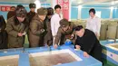 Pemimpin Korea Utara, Kim Jong Un melihat tempat pembibitan ikan lele di Samchon Catfish Farm, Korea Utara, Selasa (21/2). Wajah Kim Jong Un terlihat bahagia saat melihat bibit-bibit ikan lele. (AFP Photo/KCNA)