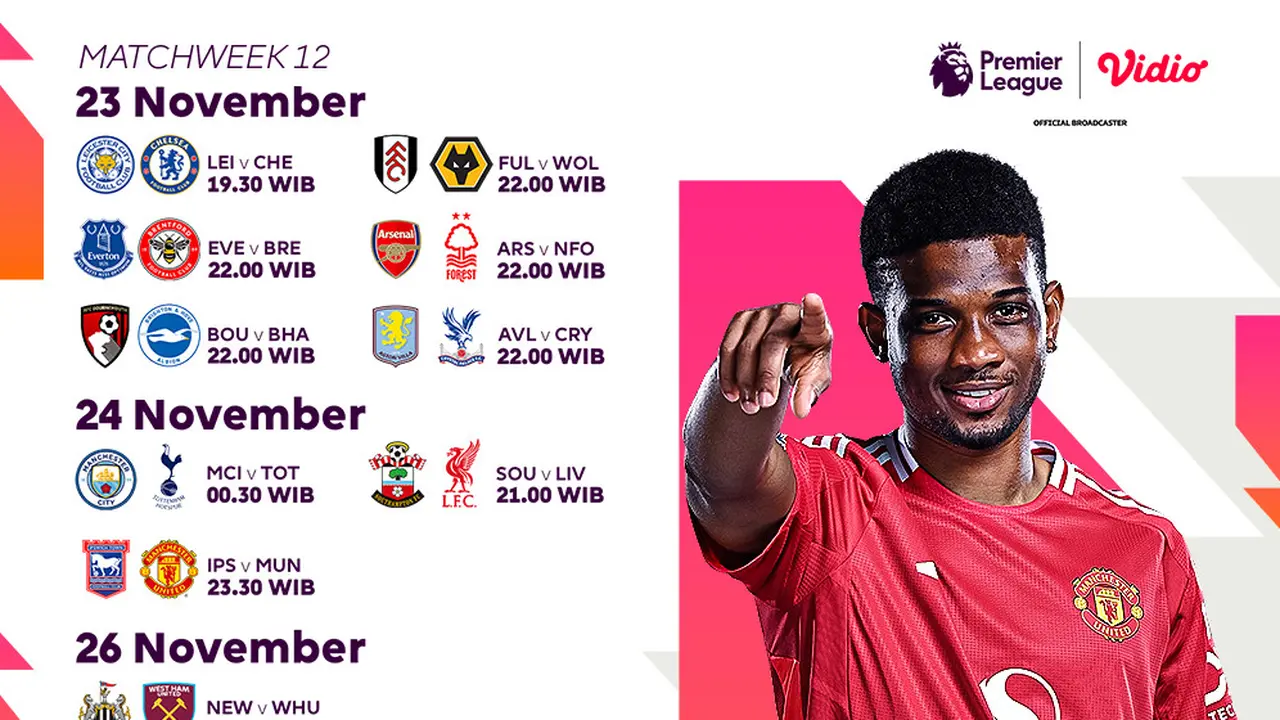 Jadwal Liga Inggris 2024/25 Matchweek 12 di Vidio