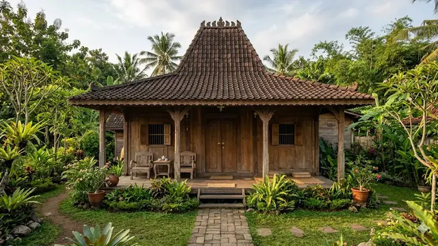 Rumah Joglo Sederhana dengan Teras dan Taman